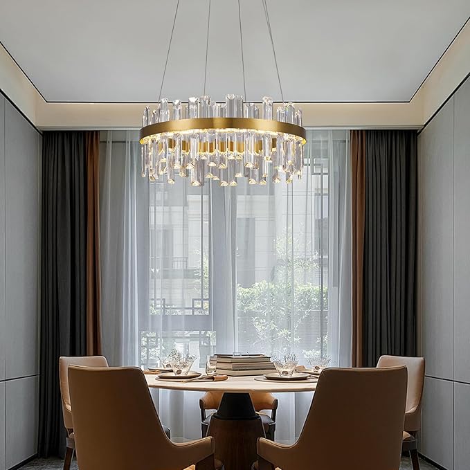 Modern Gold Crystal Led Chandelier: 19.7" Dimmable 3 Color Round Contemporary Dining Room Light Fixture over Table - K9 Adjustable Chandeliers Lighting for Bedroom Living Kitchen Island Entryway Foyer