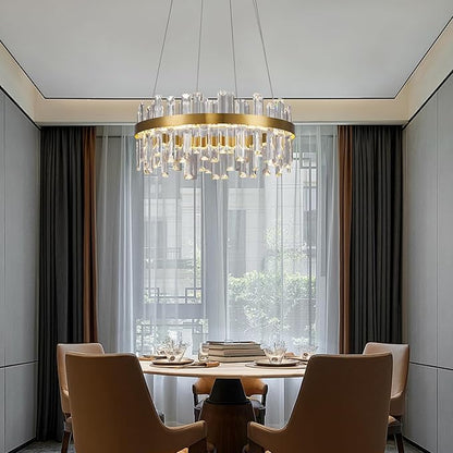 Modern Gold Crystal Led Chandelier: 19.7" Dimmable 3 Color Round Contemporary Dining Room Light Fixture over Table - K9 Adjustable Chandeliers Lighting for Bedroom Living Kitchen Island Entryway Foyer