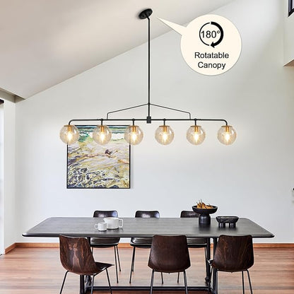 Modern Linear Chandelier Black and Gold Chandelier Dining Room Light Fixture 6 Lights Linear Pendant Light with Seedes Glass Globe Shade for Farmhouse Island Over Tble, Length 51.58 Inch