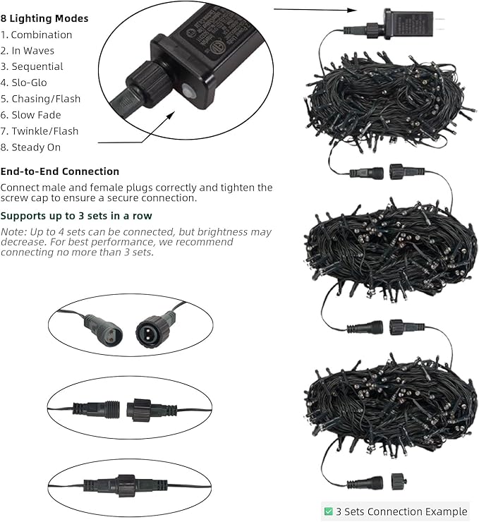Etinga 200 LED String Lights 66ft Warm White, Black-Green Wire Plug in Fairy Lights with 8 Lighting Modes, Christmas Lights for Bedroom Tree Yard Patio Wedding Holiday Decor (Warm White, 200 LED 66ft)