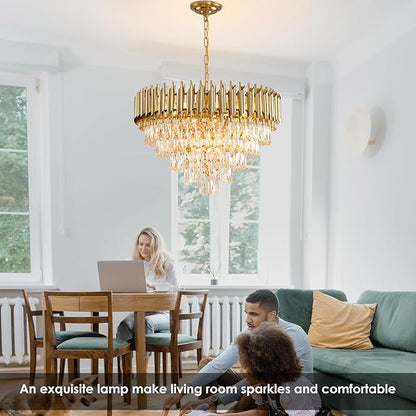 Gold Crystal Chandeliers Modern Round Chandelier for Dining Room 5 Tiers Ceiling Pendant Light Fixtures Large Ceiling Chandeliers for Foyer Living Room Bedroom Foyer entryway 24” 12 Lights