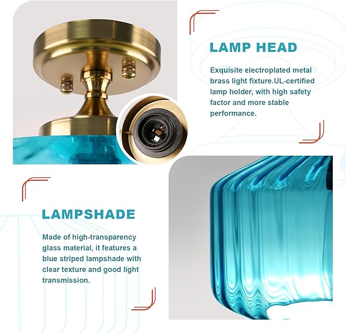 Blue Glass Ceiling Light, Flush Mount Light Fixture Ribbed Glass Shade, Vintage Farmhouse Lighting for Bedroom, Living Room, Kitchen, Bathroom, Nursery, Hallway
