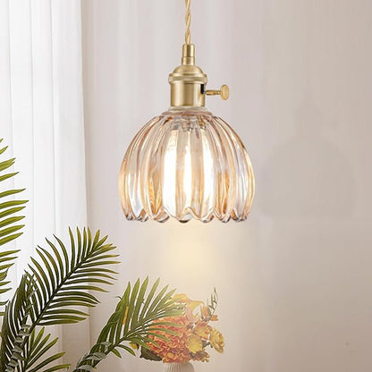 Mini Pendant Lights Kitchen Island, Small Adjustable Pendant Light Fixture with Amber Tulip Glass Lampshade, Vintage Gold Pendant Lighting, Pendant Light for Bedroom Dining Room Hallway