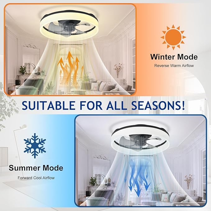 DLLT LED Ceiling Fan with Light: 16" Modern Low Profile Flush Mount Fandelier with App & Remote Control - Dimmable Black Bladeless Fan Light Fixture for Bedroom Kids Room Living Room