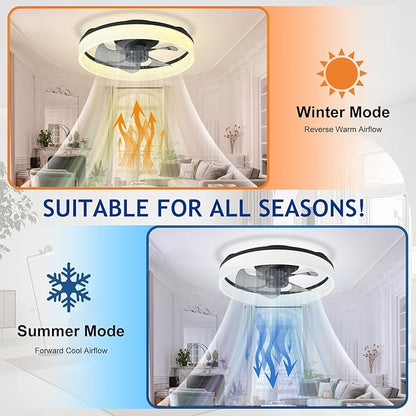 DLLT LED Ceiling Fan with Light: 16" Modern Low Profile Flush Mount Fandelier with App & Remote Control - Dimmable Black Bladeless Fan Light Fixture for Bedroom Kids Room Living Room