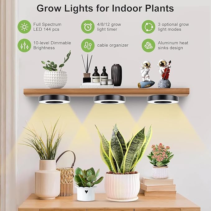 Banax LED Grow Light for Indoor Plants 144 LEDs, Four-Head Ring Design, 5V/2A 10 Brightness Levels, 3/9/12H Timer, Ideal for Herbs, Succulents & Seedlings（Black）