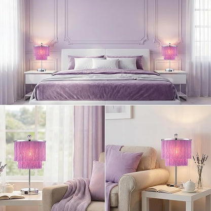 Lovlast Girls Table Lamp with Tassel Lampshade, 3 Way Dimmable Touch Bedside Purple Lamp with USB C + A Ports, Lavender Nightstand Lamp for Girls Bedroom, Living Room, Office, LED Bulb Included