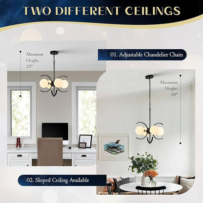 4-Light Modern Sputnik Chandelier L16.5”Small Mid Century Milk Glass Globe Ceiling Pendant Lighting Black Industrial Chandeliers for Entryway Hallway Dining Room Kitchen