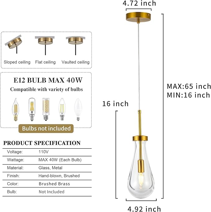 Raindrop Pendant Lights for Kitchen Island Dining Room, Handblown Teardrop Glass Kitchen Light Fixtures Luxury 1-Light Brushed Brass Pendant Lights Hanging Lamps for Bedroom Dining Table, Hallway