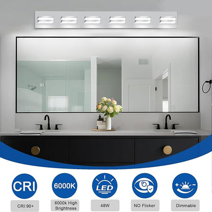 IZORRO LED Modern Bathroom Lights Fixtures(6-Light,Dimmable,360°Rotate),Chrome Acrylic Wall Lighting,Vanity Lights for Bathroom Over Mirror - 6000k 36In （No Assembly Required）