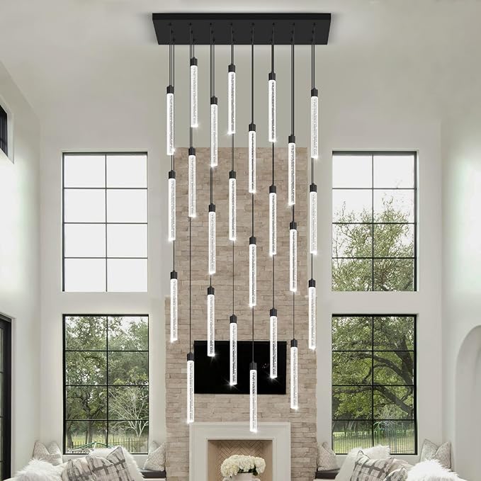 Modern Rectangular Crystal Chandeliers LED Dimmable Crystal Column Chandelier Living Room Foyer Crystals Pendant Light for Dining Room Adjustable Height 24-Light Black