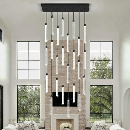 Modern Rectangular Crystal Chandeliers LED Dimmable Crystal Column Chandelier Living Room Foyer Crystals Pendant Light for Dining Room Adjustable Height 24-Light Black