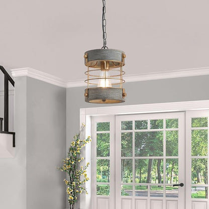 Farmhouse Pendant Light, Adjustable Metal and Wood Chandelier Light Fixture, Rustic Pendant Lighting for Kitchen Island, Bedroom, Dining Room and Entryway, Blue Gray