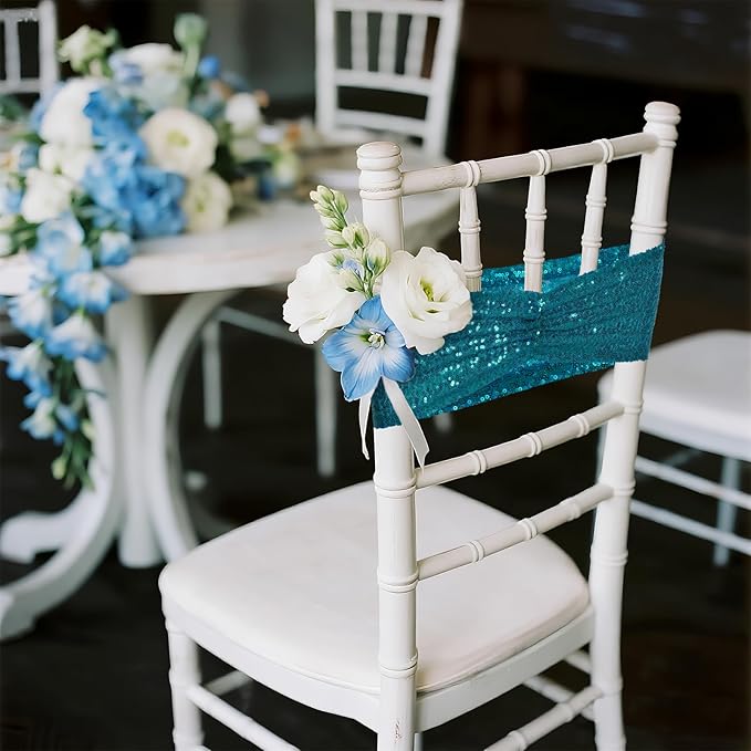 Poise3EHome Teal Sequin Chair Sashes 100 Pack,Folding Chair Cover Bands for Wedding Party Ceremony Banquet Decorations