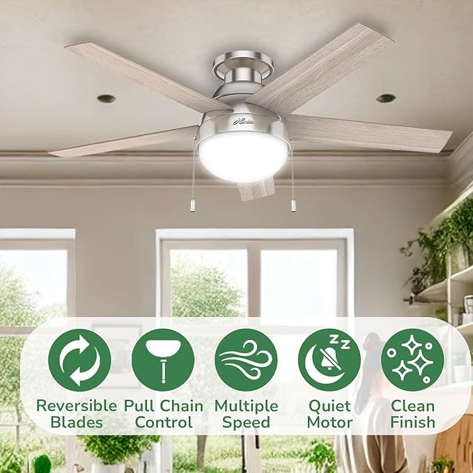 Hunter 46 inch Indoor Ceiling Fan with LED Light - Ceiling Fan with Pull Chain, for Bedroom, Living Room, or Kitchen, Low Profile Mount, No Remote, 5 Blades - Anslee 50278, Brushed Nickel