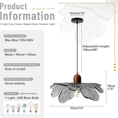 Light Gray Petal Glass Pendant Light Modern Mid Century Chandelier Height Adjustable Hanging Ceiling Light Fixture for Kitchen Island Dining Room Bedroom Living Room Hallway