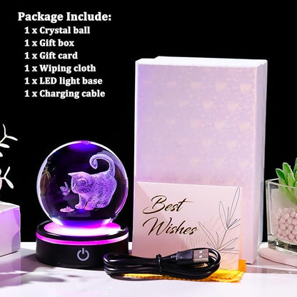 YWHL 3D Cat Crystal Ball Figurine with Colorful LED Base, Laser Engraved Cat Gifts for Women Men Cats Lovers, Glass Cats and Butterfly Statue Decorative Ball for Home Decor (80mm)