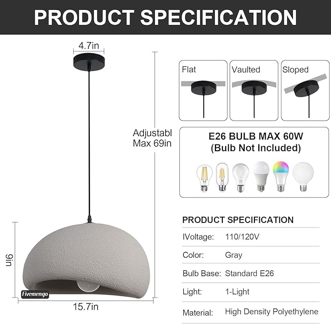 15.7in Wabi Sabi Pendant Light, Kitchen Island Lighting Fixture Ceiling Mount Japanese Lamp Japandi Chandelier for Dining Living Room Hallway Bedroom Restaurant Hanging Lamp, Grey 1 Pack