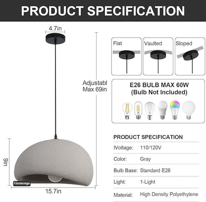 15.7in Wabi Sabi Pendant Light, Kitchen Island Lighting Fixture Ceiling Mount Japanese Lamp Japandi Chandelier for Dining Living Room Hallway Bedroom Restaurant Hanging Lamp, Grey 1 Pack