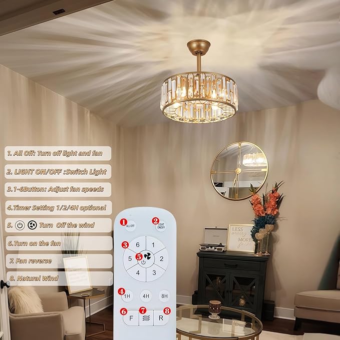 18.2" Crystal Caged Ceiling Fan with Light 4-Light Modern Fandelier Lighting Gold Ceiling Fan with Lights Reversible Remote Ceiling Fan Chandelier for Bedroom Living Room Dining Room Kitchen