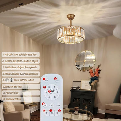 18.2" Crystal Caged Ceiling Fan with Light 4-Light Modern Fandelier Lighting Gold Ceiling Fan with Lights Reversible Remote Ceiling Fan Chandelier for Bedroom Living Room Dining Room Kitchen