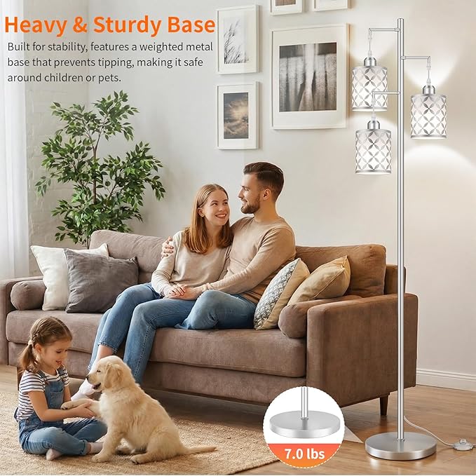 New Upgraded 72" Tall Dimmable Floor Lamp with Remote Control &White PC Shades, Farmhouse Standing Lamp with Bulbs, Industrial Tree Pole Floor Lamps for Living Room, Bedroom, Study Room, Office-Silver