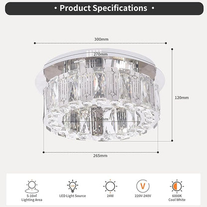 11.8" Modern Crystal Chandelier LED Ceiling Light Flush Mount Mini Ceiling Light Fixtures Crystal Round Chandeliers for Hallway Bedroom Cool White