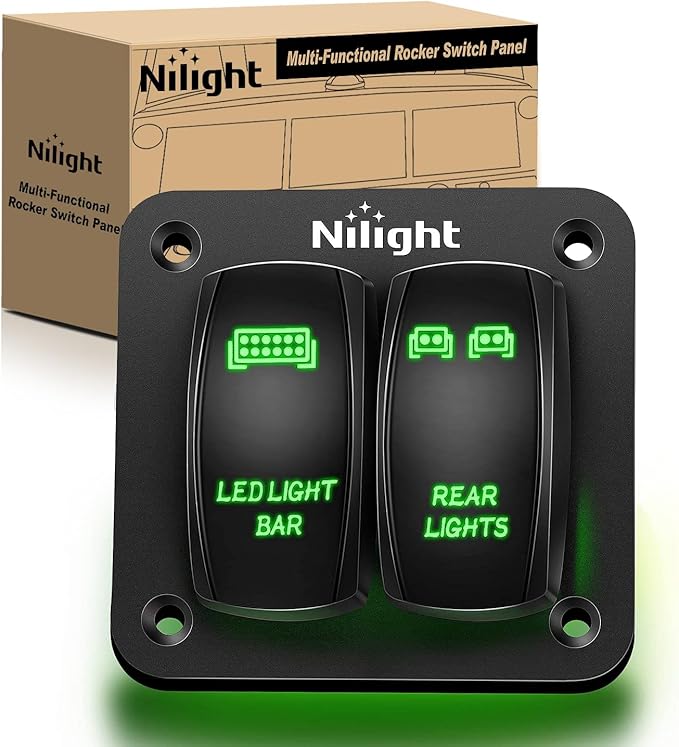 Nilight 2 Gang Rocker Switch Panel LED Light Bar Rear Lights 12 24V DC Green Switches 5Pin ON Off Pre-Wired Toggle for Cars ATVs UTVs