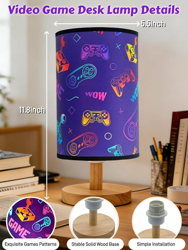 Video Game Lamp, Boy for Bedroom Reading Lamp-3-Way Dimmable Bedside Night Light with Cartoon Pattern Printed Shade and Wood Base for Kids Room,Game or Living Decor, Birthday Gifts for Boys