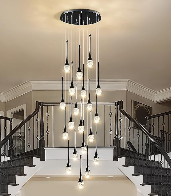Raindrop Crystal Chandelier High Ceiling: 20 Lights Dimmable LED With Remote - Large Long Modern Bubble Hanging Pendant Light Fixture Spiral Chandeliers for Living Room Staircase Entryway Foyer Black