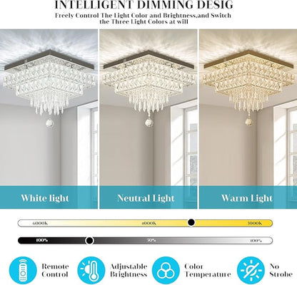 Finktonglan 13" Dimmable Crystal Ceiling Light with Remote & App, Modern Square Flush Mount Chandelier, Adjustable Brightness & 3 Color Modes, 36W for Bedroom Entryway Hallway Living Room