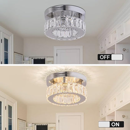 Small Modern Small Crystal LED Chandelier Mini Flush Mount Round Ceiling Light Fixture K9 Crystal Ceiling Lamp for Dining Room Living Room Bedroom (Warm White)