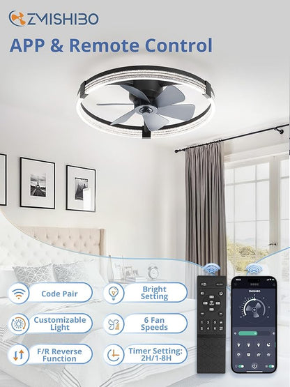 ZMISHIBO Low Profile Ceiling Fans with Lights, Flush Mount Modern Ceiling Fan and Remote Control, 23" LED Ceiling Fans, Stepless Dimmable 3 Colors and 6 Speeds