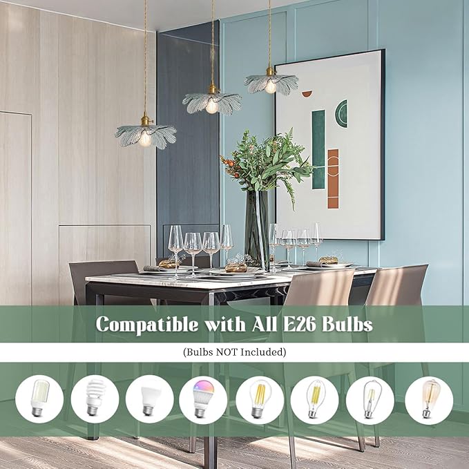 3-Light Flower Pendant Lamp Gold Dining Room Ceiling Pendant Light Fixtures with Dark Green Glass Leaf Shades, Cluster Pendant Light for Kitchen Bathroom Cafe Restaurant
