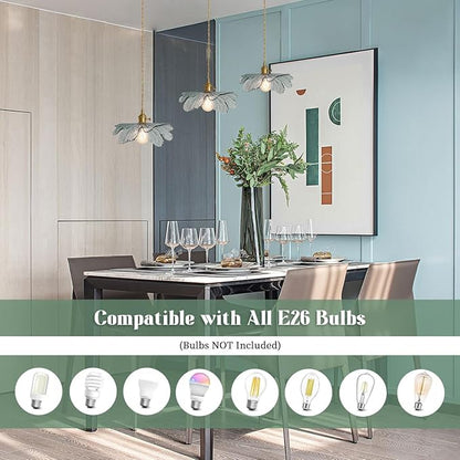 3-Light Flower Pendant Lamp Gold Dining Room Ceiling Pendant Light Fixtures with Dark Green Glass Leaf Shades, Cluster Pendant Light for Kitchen Bathroom Cafe Restaurant