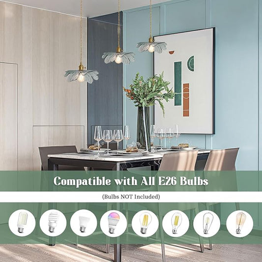 3-Light Flower Pendant Lamp Gold Dining Room Ceiling Pendant Light Fixtures with Dark Green Glass Leaf Shades, Cluster Pendant Light for Kitchen Bathroom Cafe Restaurant