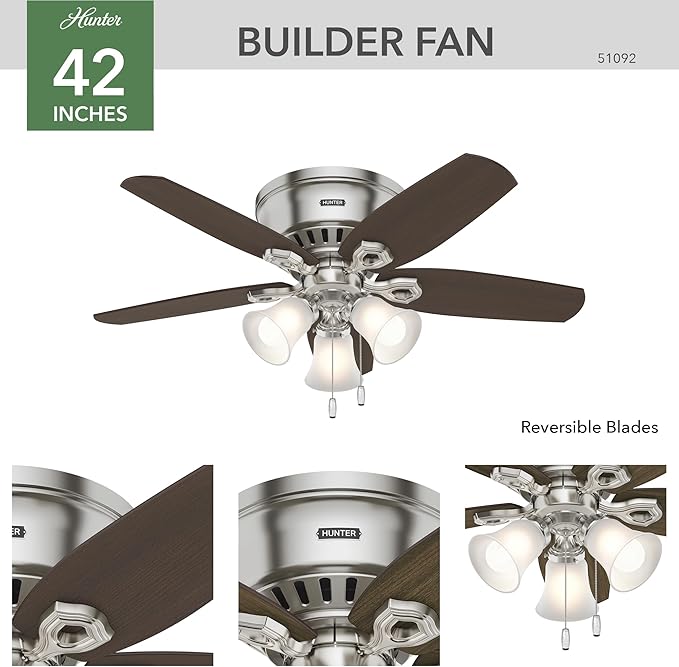 Hunter 42 inch Indoor Ceiling Fan with LED Lights - Ceiling Fan with Pull Chain, For Bedroom, Living Room, or Kitchen, Low Profile Flush Mount, No Remote, 5 Blades - Builder 51092, Brushed Nickel