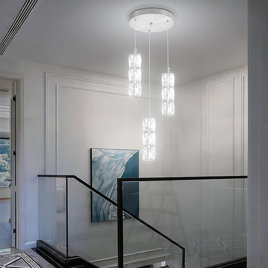ykolupty Pendant Lights Kitchen Island 3-Lights Silver Crystal Chandelier for Dining Room Hallway Stairwell,LED Dimmable 2700K-6000K