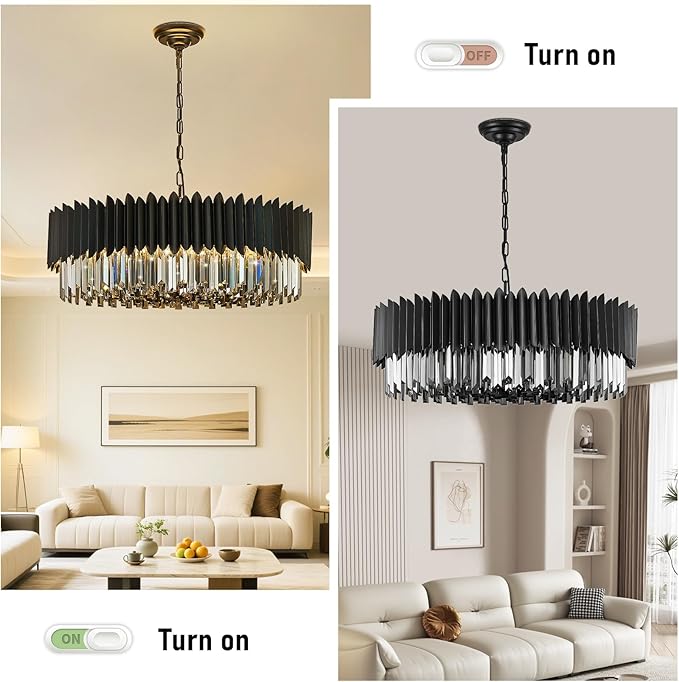 Black Crystal Chandelier 30'' K9 Smoke Gray Crystal Round Pendant Lights 12 Lights 6-Tier Large Modern Chandelier Light for Dining Room Living Room Bedroom Foyer Entryway
