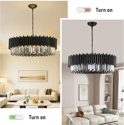 Black Crystal Chandelier 30'' K9 Smoke Gray Crystal Round Pendant Lights 12 Lights 6-Tier Large Modern Chandelier Light for Dining Room Living Room Bedroom Foyer Entryway