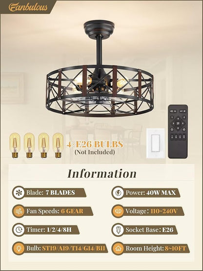 Fanbulous 20 Inch Fandelier Caged Ceiling Fans with Lights and Remote, Black Bladeless Ceiling Fan with 6 Speeds and Timing, Farmhouse Samll Fan Lights Ceiling Fixtures for Kitchen, Bedroom-Walnut