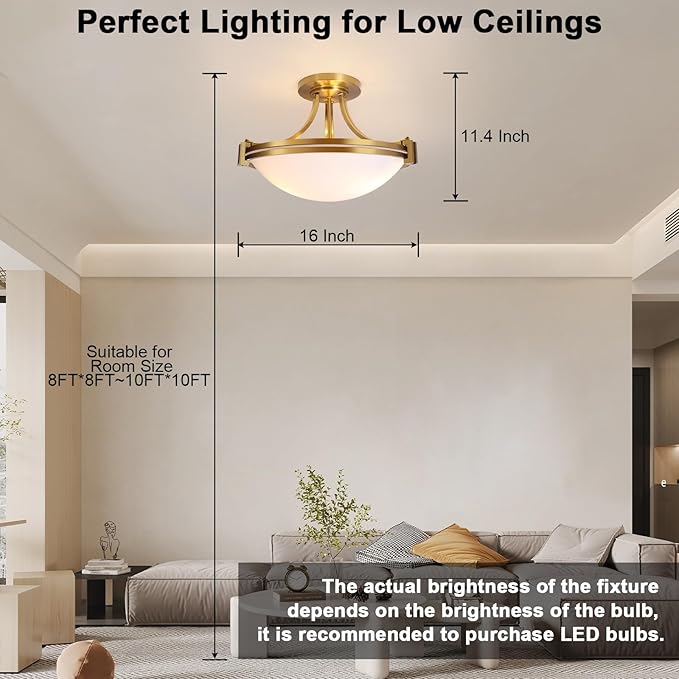 Bektas Modern Semi Flush Mount Ceiling Light Fixture 16 inch Gold Traditional Fixture with Milk Glass for Bedroom Kitchen Bathroom Hallway Foyer Living Room Entryway Brass ETL Listed