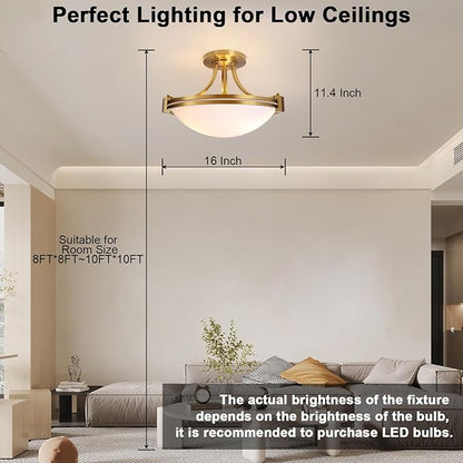 Bektas Modern Semi Flush Mount Ceiling Light Fixture 16 inch Gold Traditional Fixture with Milk Glass for Bedroom Kitchen Bathroom Hallway Foyer Living Room Entryway Brass ETL Listed