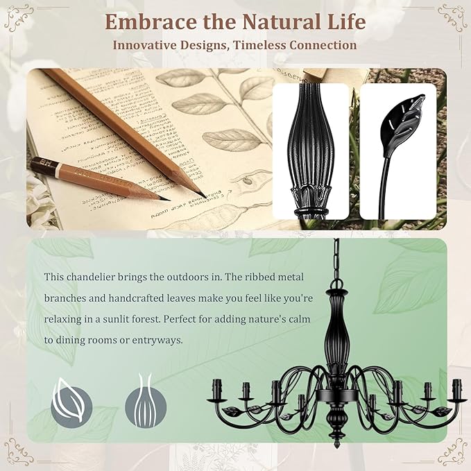 29" Large Black Chandelier for Dining Room, Modern Farmhouse 8-Light Light Fixture Hanging, Industrial Kitchen Lighting Fixtures with Leaf, Vintage Chandeliers Over Table for Bedroom Foyer Living Room