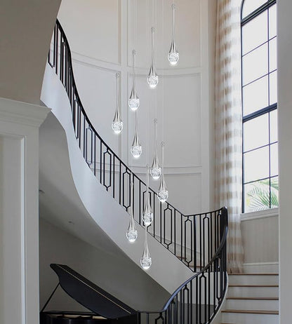 Modern Crystal Chandelier 9-Lights Chrome, H98.5'' High Ceiling Spiral Dimmable LED Bubble Crystal Raindrop Light Fixture for Foyer Entryway Dining Room Remote Control