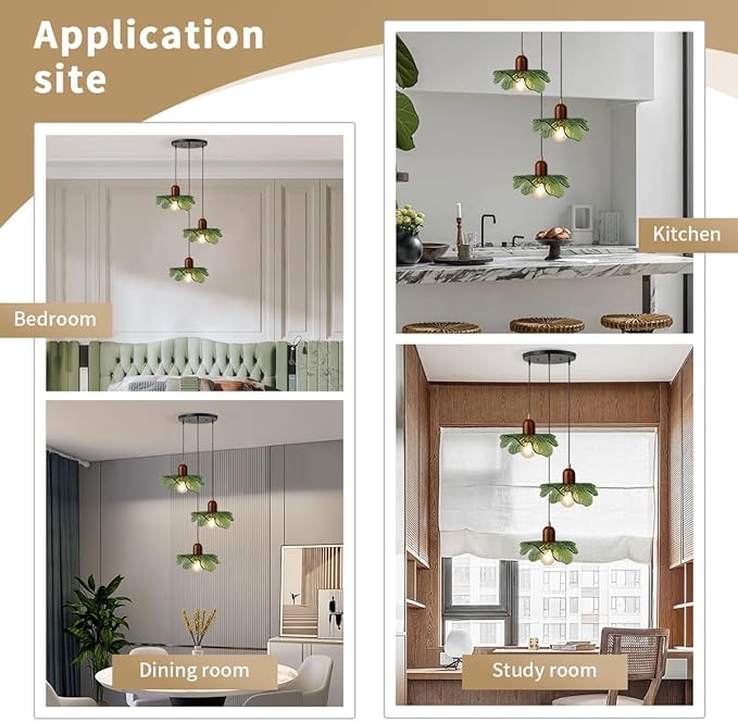 Mid Century Chandeliers 3-Light Green Glass Hanging Pendant Lamp Art Decoration Light Fixtures Walnut Wood Black Vintage Chandelier for Dining Room, Living Room, Bedroom