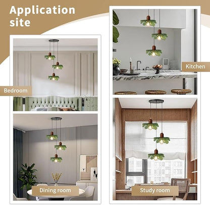 Mid Century Chandeliers 3-Light Green Glass Hanging Pendant Lamp Art Decoration Light Fixtures Walnut Wood Black Vintage Chandelier for Dining Room, Living Room, Bedroom