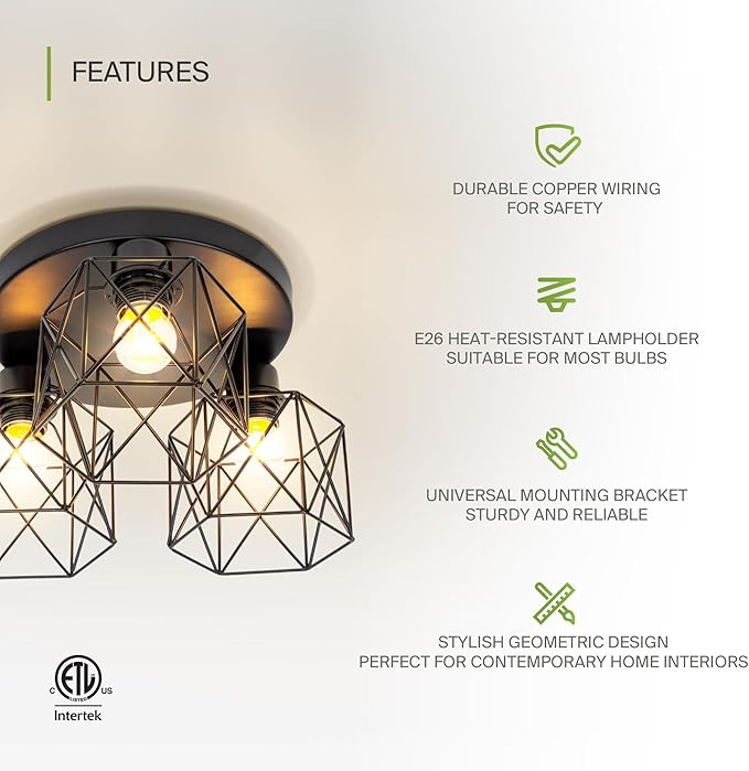 ASD Black Semi Flush Mount Ceiling Light Fixture - 3xE26 120V ETL Modern Light Fixtures Ceiling Mount, Semi Flush Mount Chandelier for Entryway, Bedroom, Foyer Lighting Fixtures