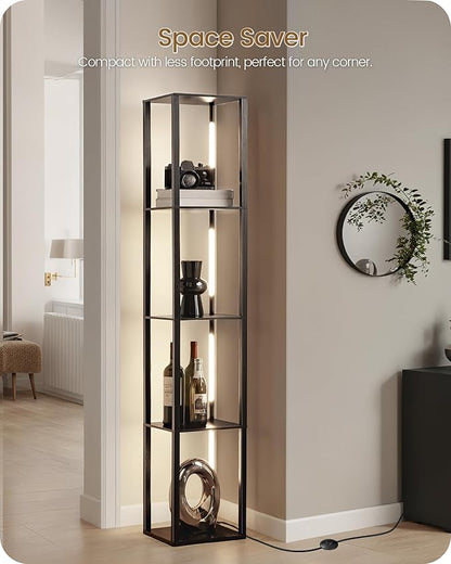 64.2" Display Shelf with Light, Modern Corner Floor Lamp with Shelves, 3000K-6000K LED Dimmable Standing Lamp with Remote for Living Room, Bedroom, Office, Adjustable CCT, Black Square B51LD05