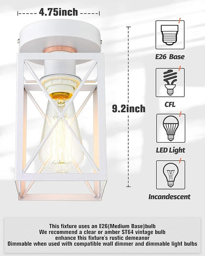 Ken & Ricky Modern Semi Flush Mount Ceiling Light, Close to Ceiling Light Fixtures with Small Metal Cage for Hallway Kitchen Sink Bedroom Bathroom Entryway Laundry (White,1PK)